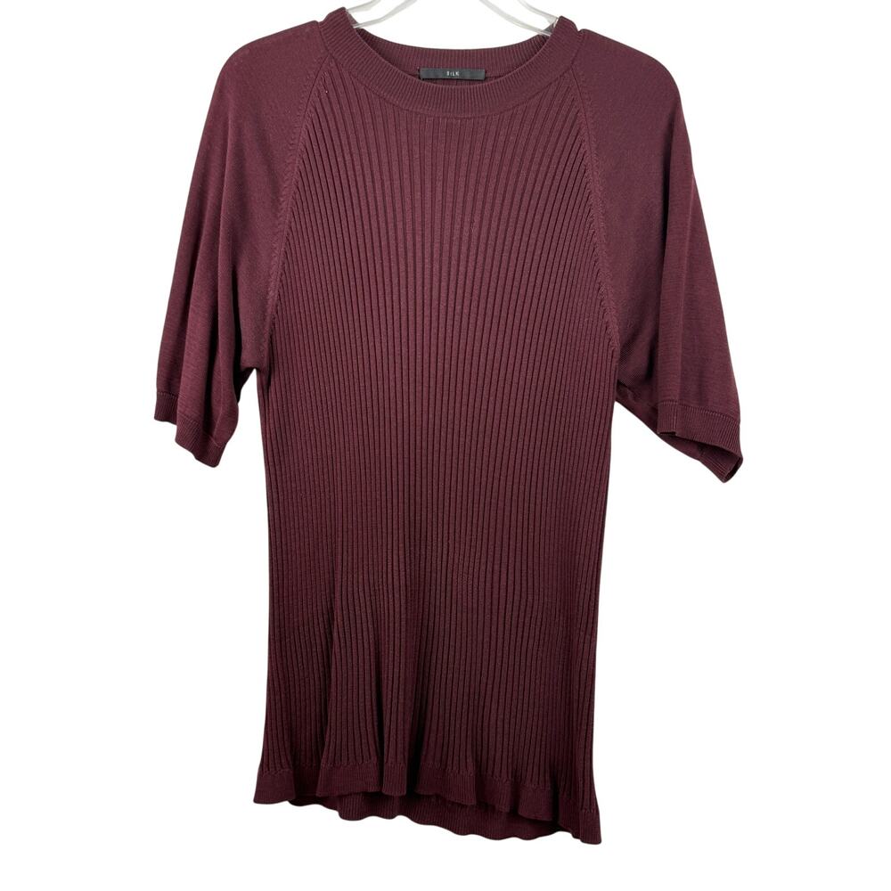 Murano 100% Silk Ribbed Knit Top Womens Large Burgundy Short Sleeve Sweater